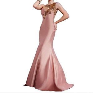 MNM Couture Jeweled Feathers Illusion Mermaid Gown